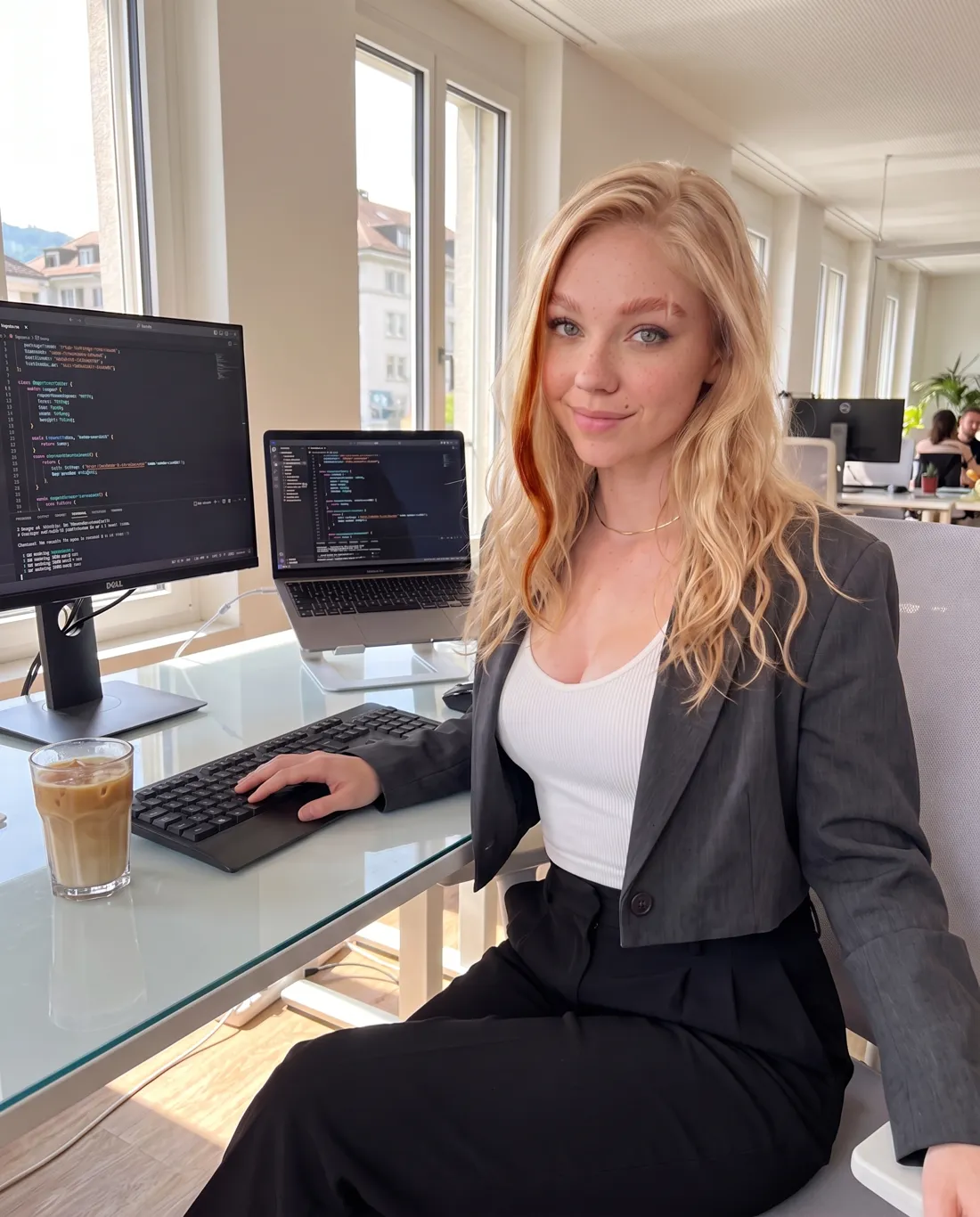 Katia Ryze à son bureau à Lausanne devant du code
