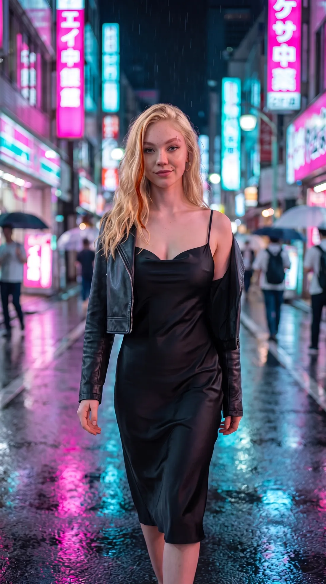 Katia Ryze dans une rue néon façon Tokyo 2077