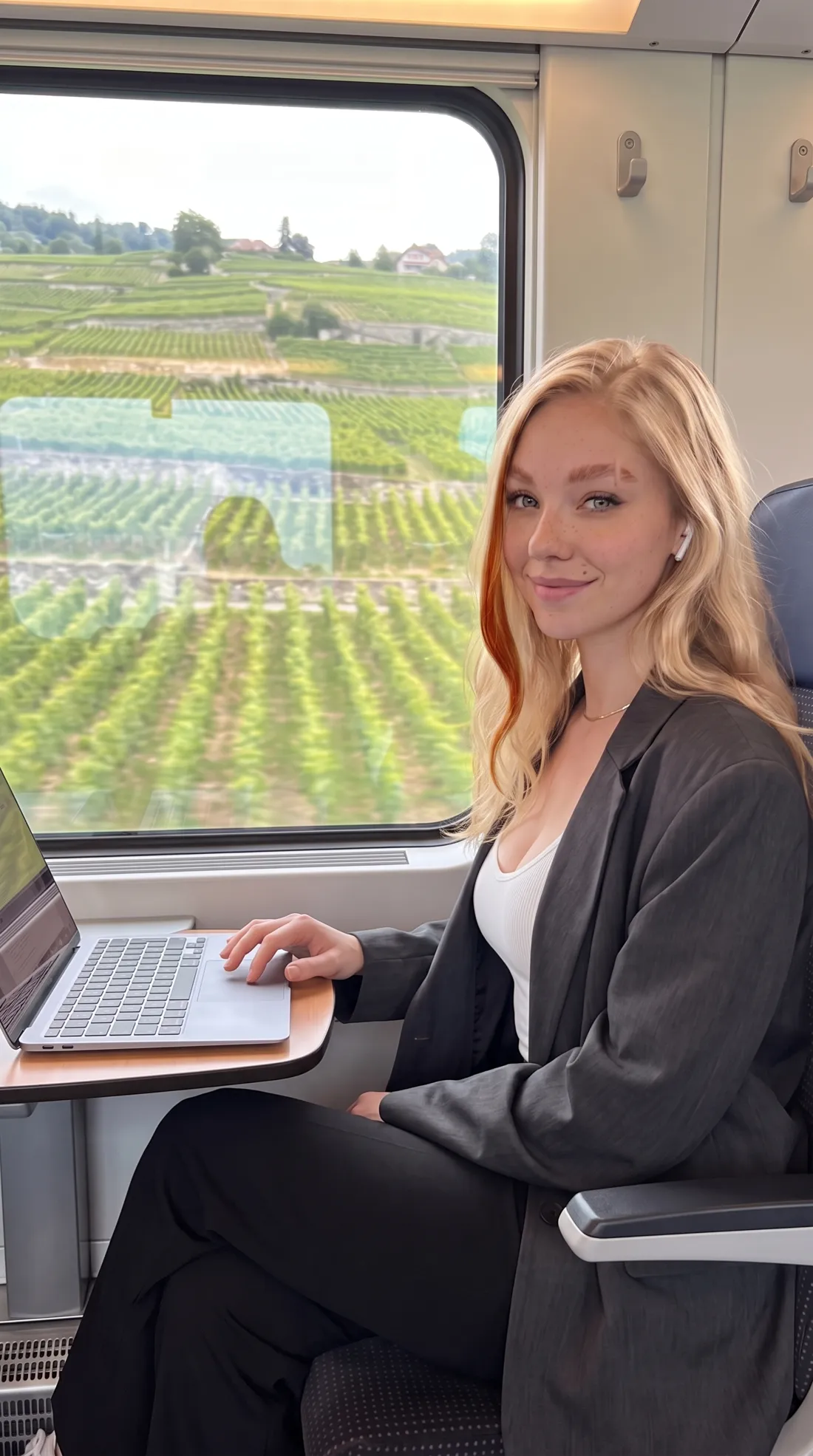 Katia dans un train CFF au-dessus de Lavaux